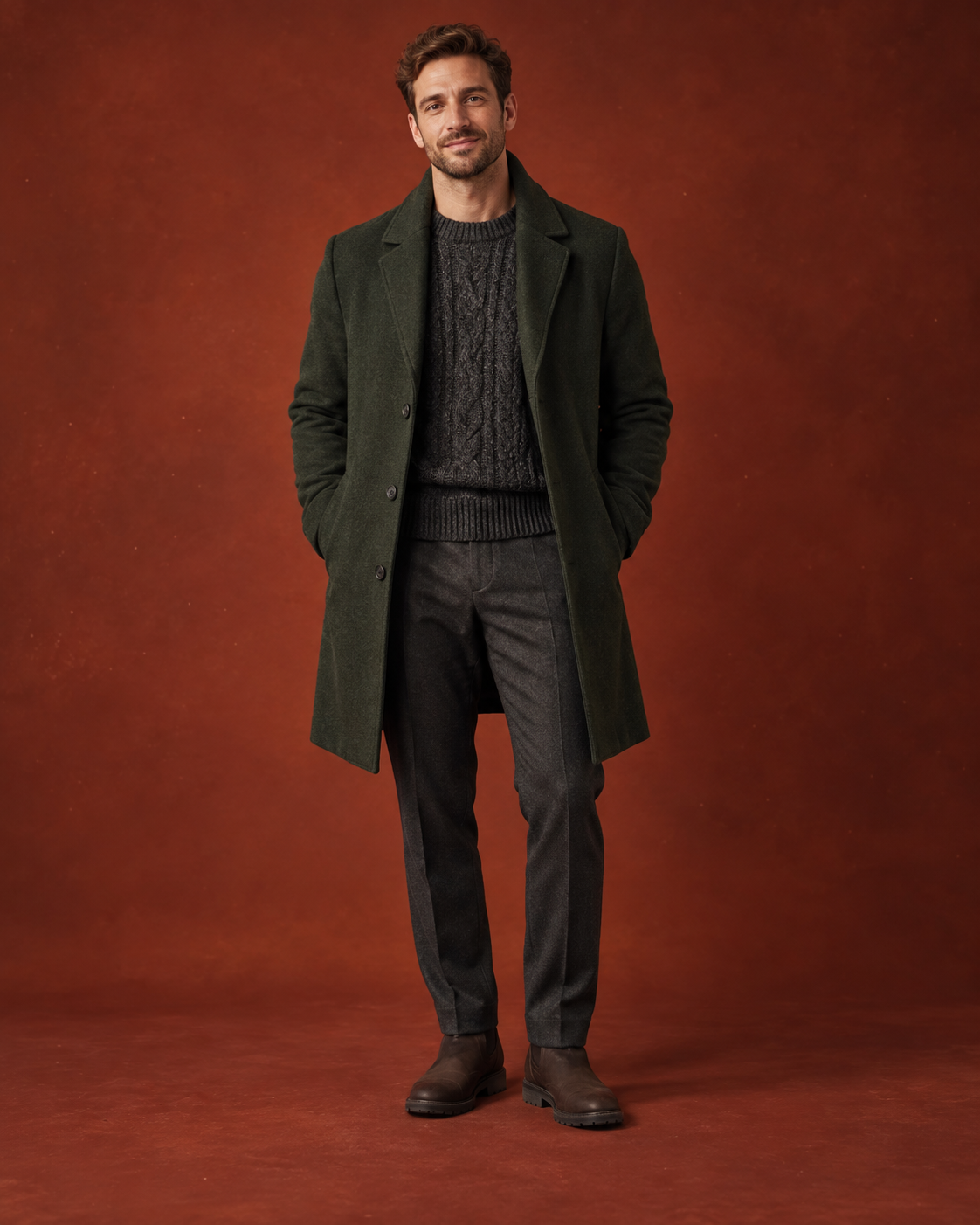 Man modelling a forest-green overcoat and charcoal knitwear