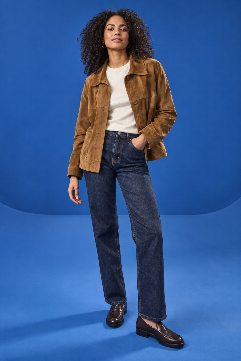 Woman modelling a pre-loved suede jacket and denim